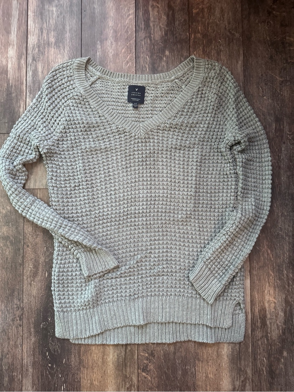 American Eagle Outfitters Sage Green V-Neck Waffle Knit Sweater
